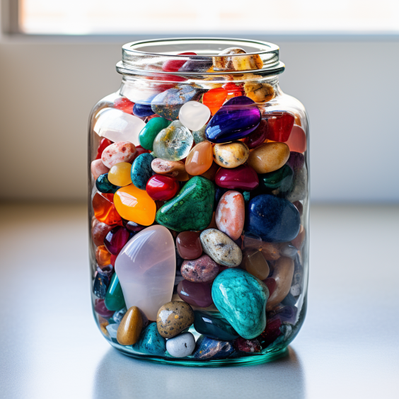 a jar filled with large and tiny polished jewel-toned rocks on a wood table in a bright, earthy room