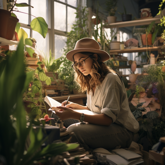 A woman wearing glasses and a hat is in a plant-filled studio. She's concentrating on her work as she writes in a notebook. 